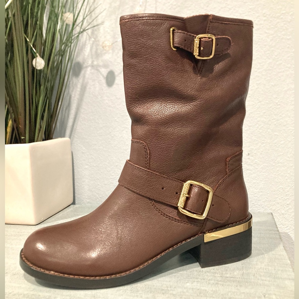 NWOB Vince Camuto Wendeema Moto Dark Wood Brown Leather Riding Boots 7M